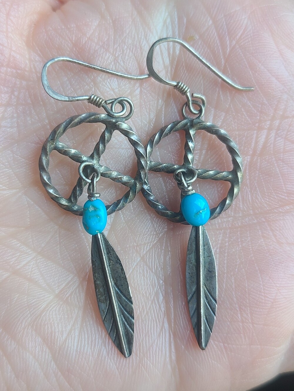 VTG Native Style Turquoise 925 Silver Dreamcatcher Drop Earrings - Women Jewelry